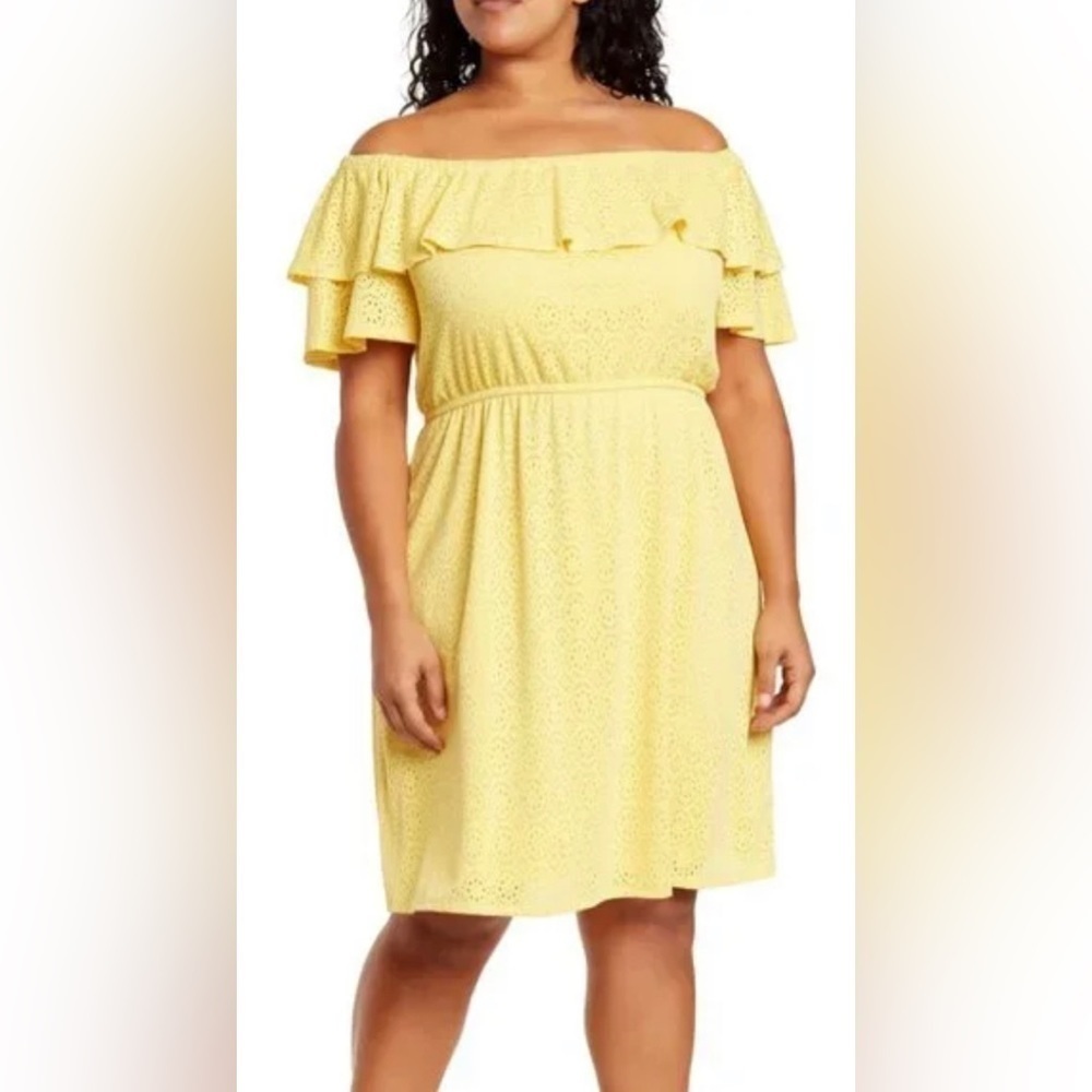 Nwt London Times Size S Yellow Eyelet Ruffle Off The Shoulder Dress